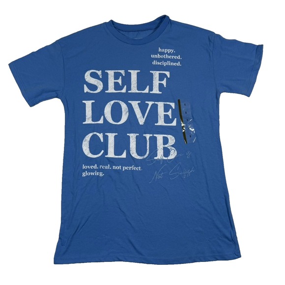 Self Love Club Loved Real Not Perfect Glowing Blue T-Shirt Women's Small‎ - Picture 1 of 6